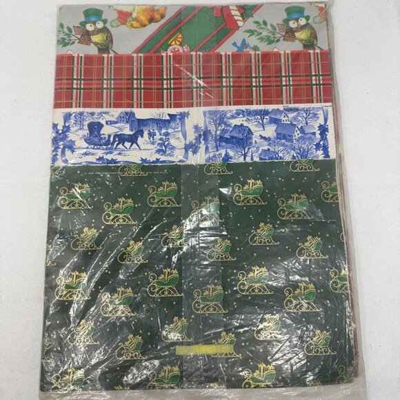 Vintage 80s Christmas Wrapping Paper Sheets Gift Wrap Owl Bells Plaid Sleigh NIP - Picture 2 of 4